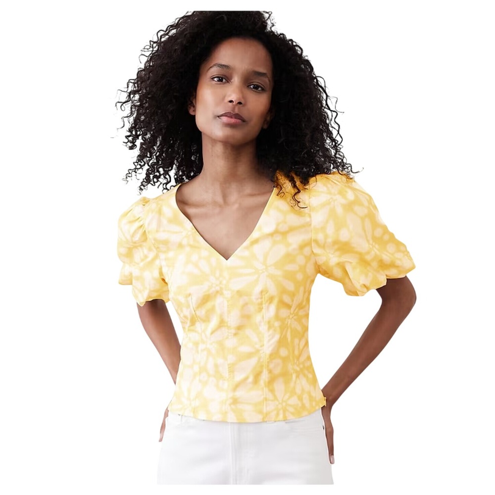 Banana Republic Factory Yellow Floral Bubble Sleeve Top Size 10 Poplin Cotton